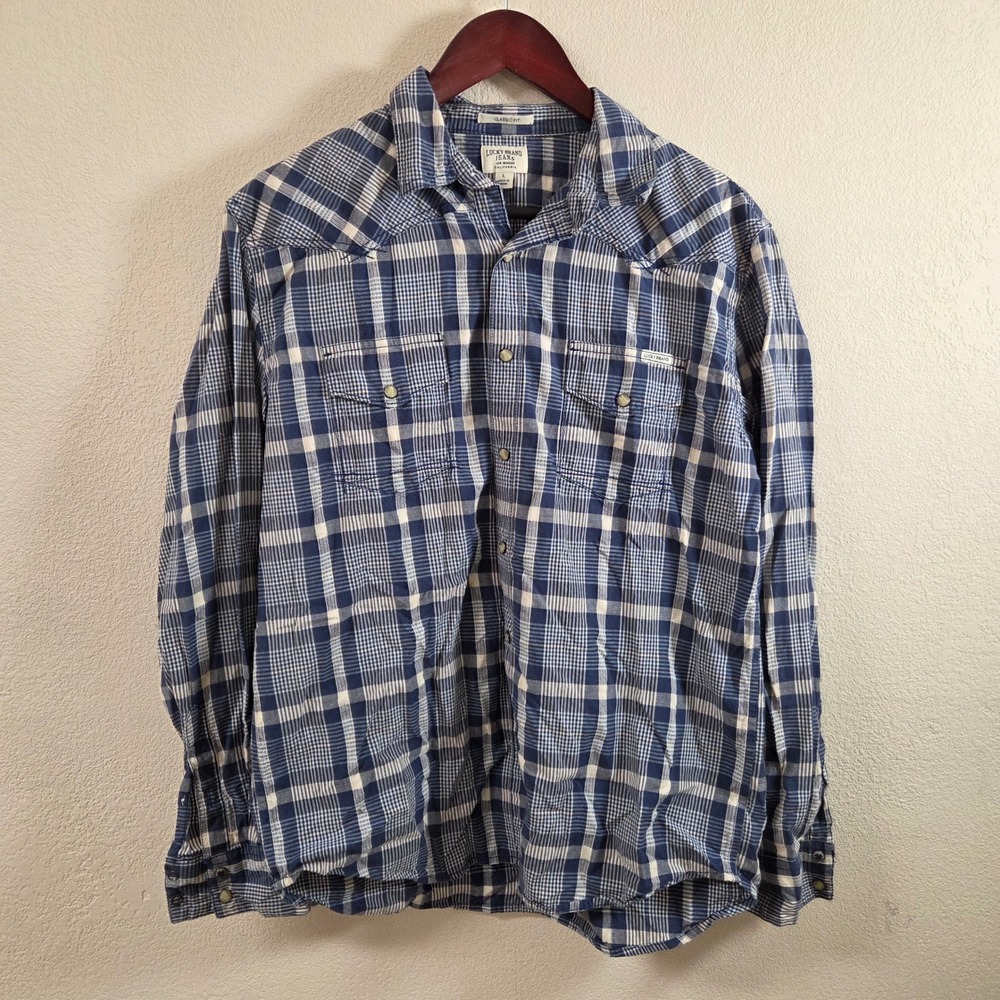 Lucky Brand Mens Blue Plaid Western Pearl Snap Shirt Classic Fit Large